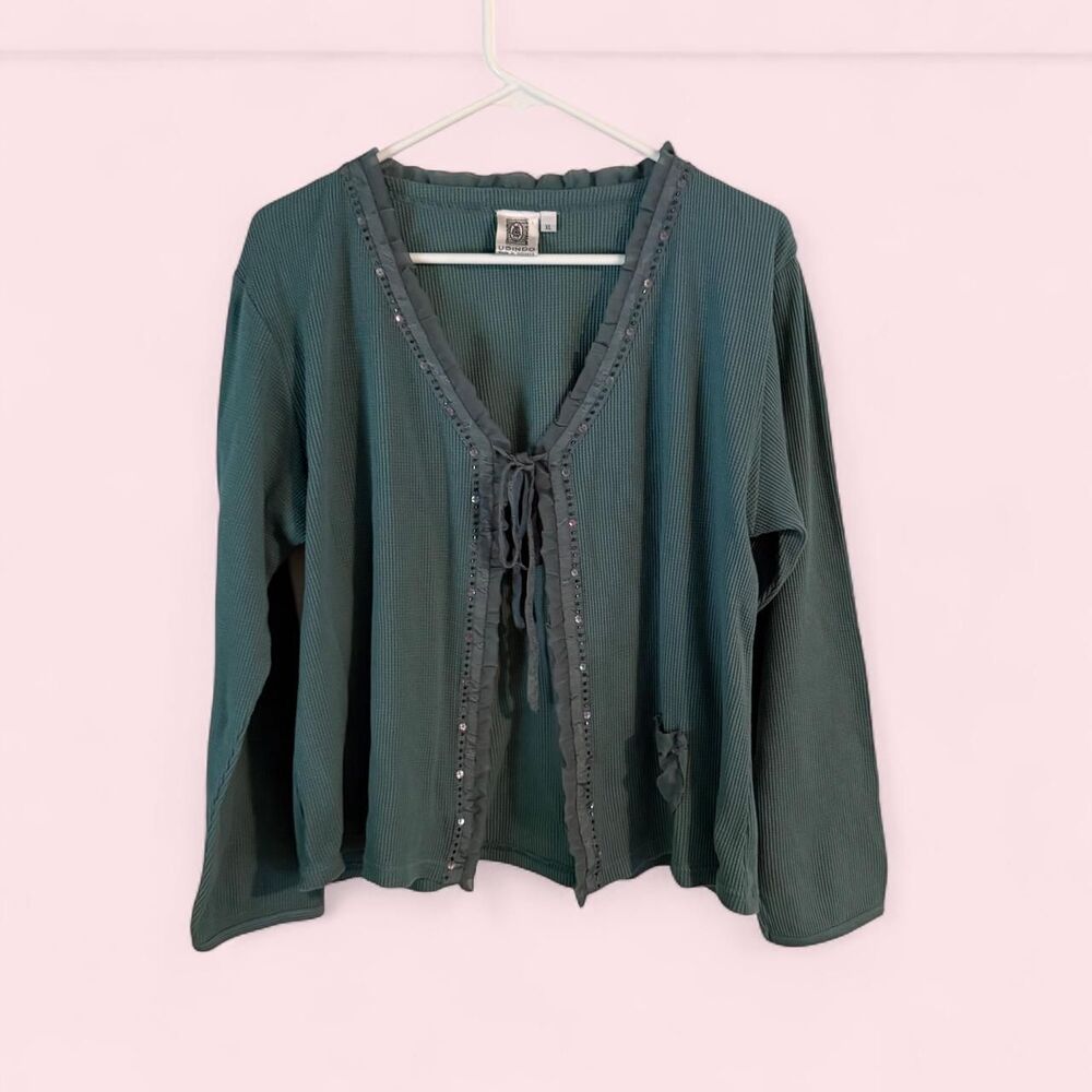 Usindo Cardigan Women XL Teal Sequin Ruffle Y2K Fairycore Coquette